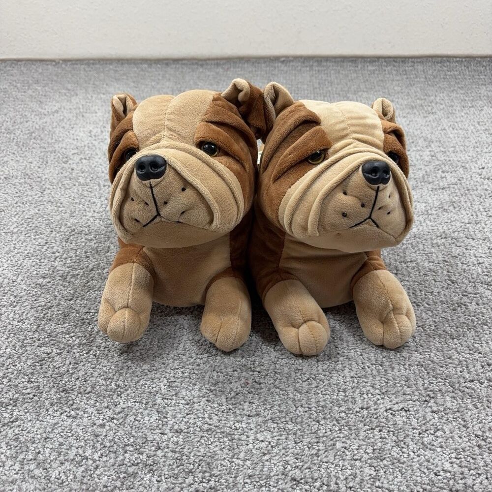 TPT Animal Slippers Womens M Brown Bulldog Dog Plush Slip On Winter Cozy